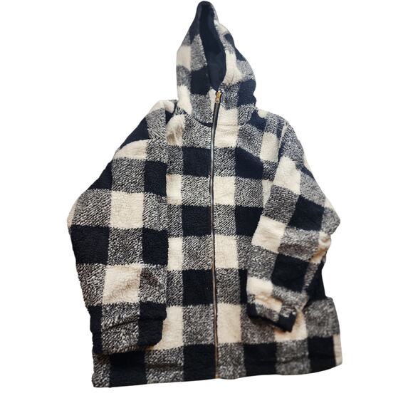 Buffalo Check Sherpa Fleece Jacket Large Black White Plaid Zip Hooded Coat Cozy - Picture 1 of 14